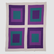 The in2green Bauhaus Throw Blanket showcases four concentric square patterns in purple, teal, and dark purple on a beige backdrop. Crafted from recycled cotton, it combines style with eco-friendliness to enhance any decor.