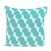 Discover the Poly Juki Pillow by Petra Kaksonen for in2green. This square cushion showcases a Nordic design with teal and white interlocking curves, crafted from recycled polyester. It's a chic and eco-friendly upgrade to your home decor.