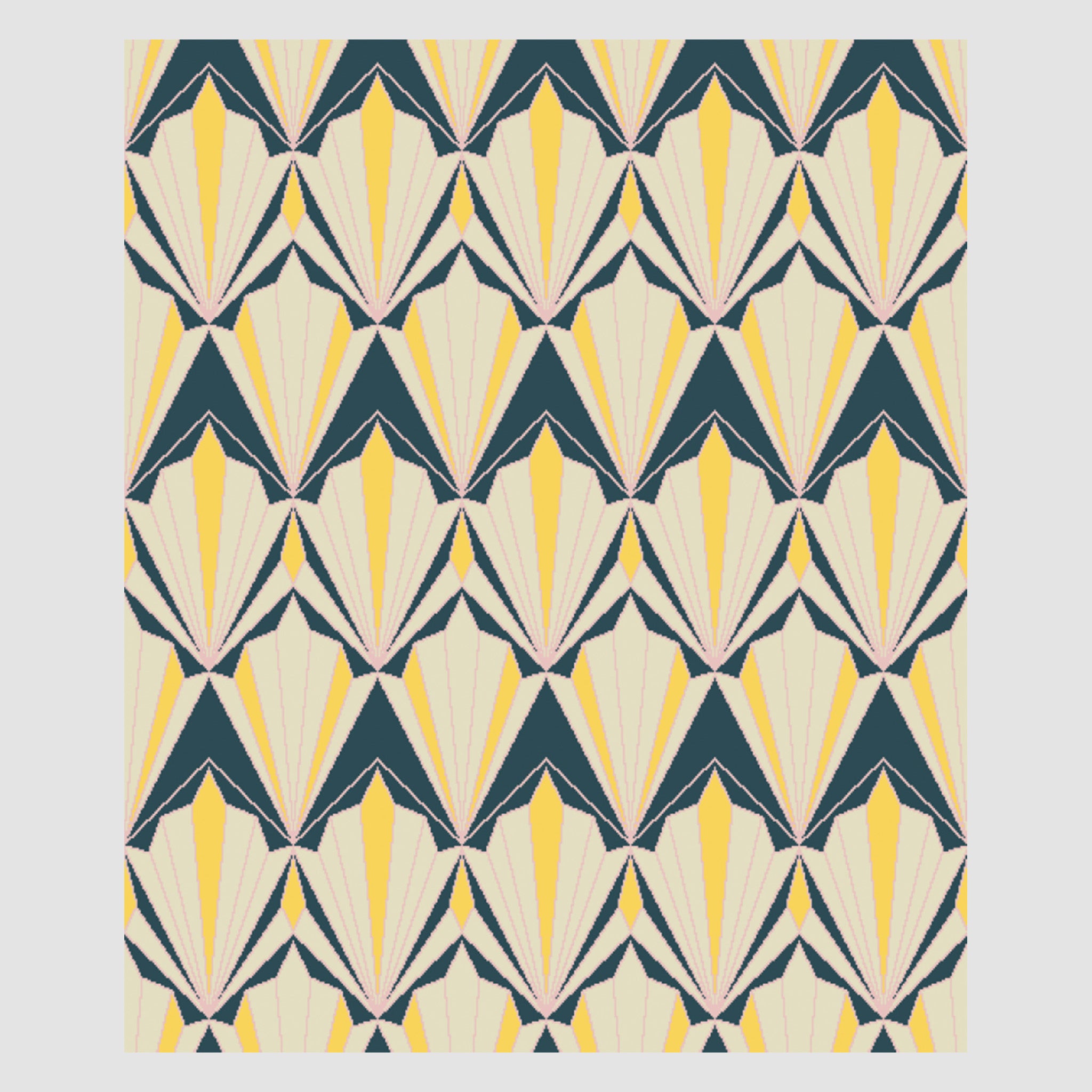 Indulge in vintage glamour with the Art Deco Shells Throw Blanket by in2green, showcasing a geometric fan pattern in yellow, cream, and dark green. Made from sustainable yarns, this repeating symmetrical design exudes timeless elegance and eco-friendly sophistication.