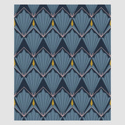 The Art Deco Shells Throw Blanket by in2green features blue fan-like shapes outlined in black and white on a dark background, enhanced with small yellow accents for vintage glamour. It's woven from sustainable yarns, adding an eco-friendly touch.