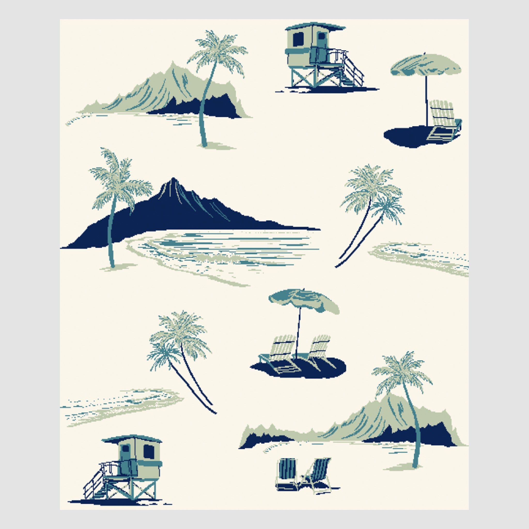 The Beach Toile Throw Blanket by in2green features a vibrant beach scene with chairs, umbrellas, palm trees, mountains, waves, and lifeguard towers on a light background. This artwork embodies sustainability and is inspired by soothing Equestrian Toile patterns.