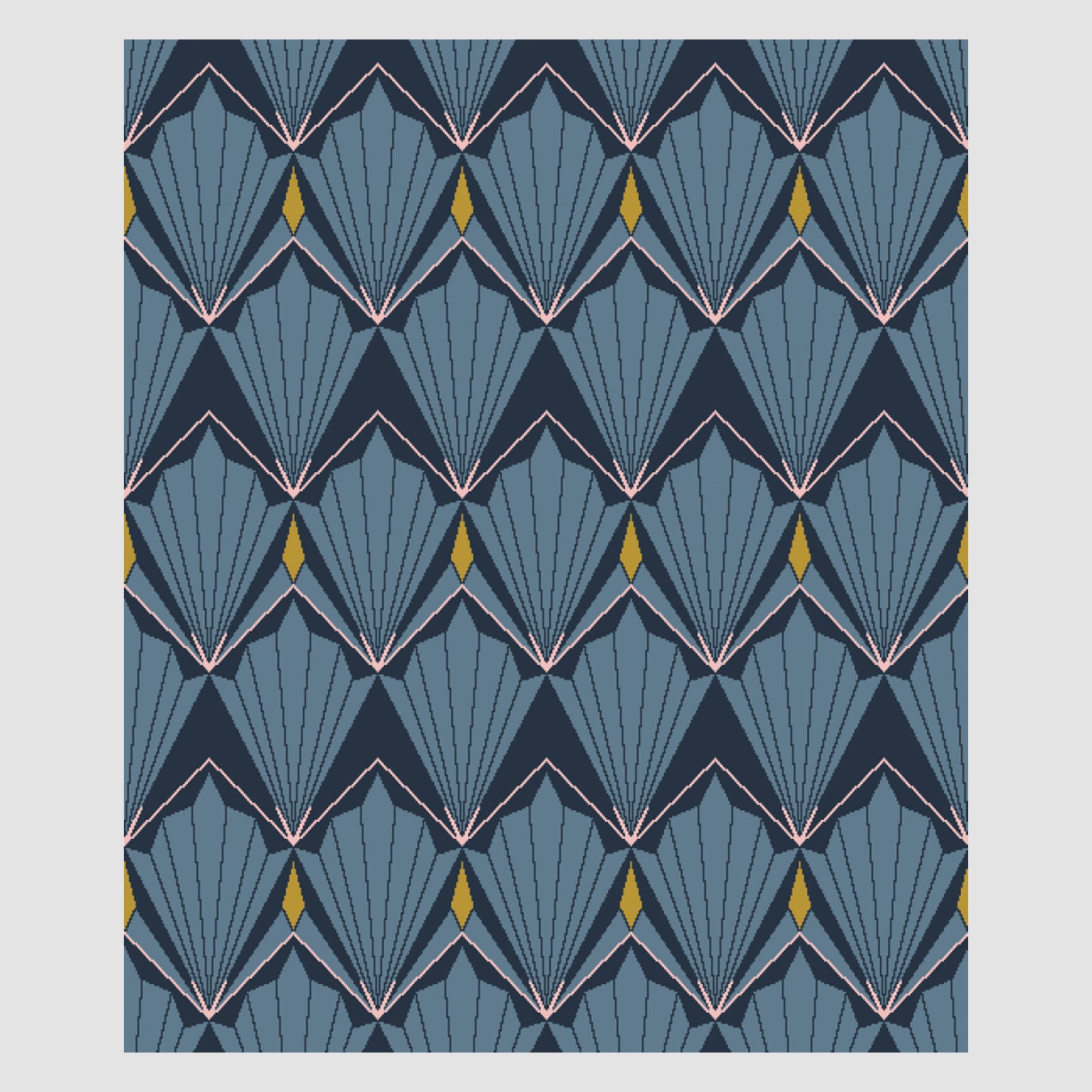 The Art Deco Shells Throw Blanket by in2green features blue fan-like shapes outlined in black and white on a dark background, enhanced with small yellow accents for vintage glamour. It's woven from sustainable yarns, adding an eco-friendly touch.