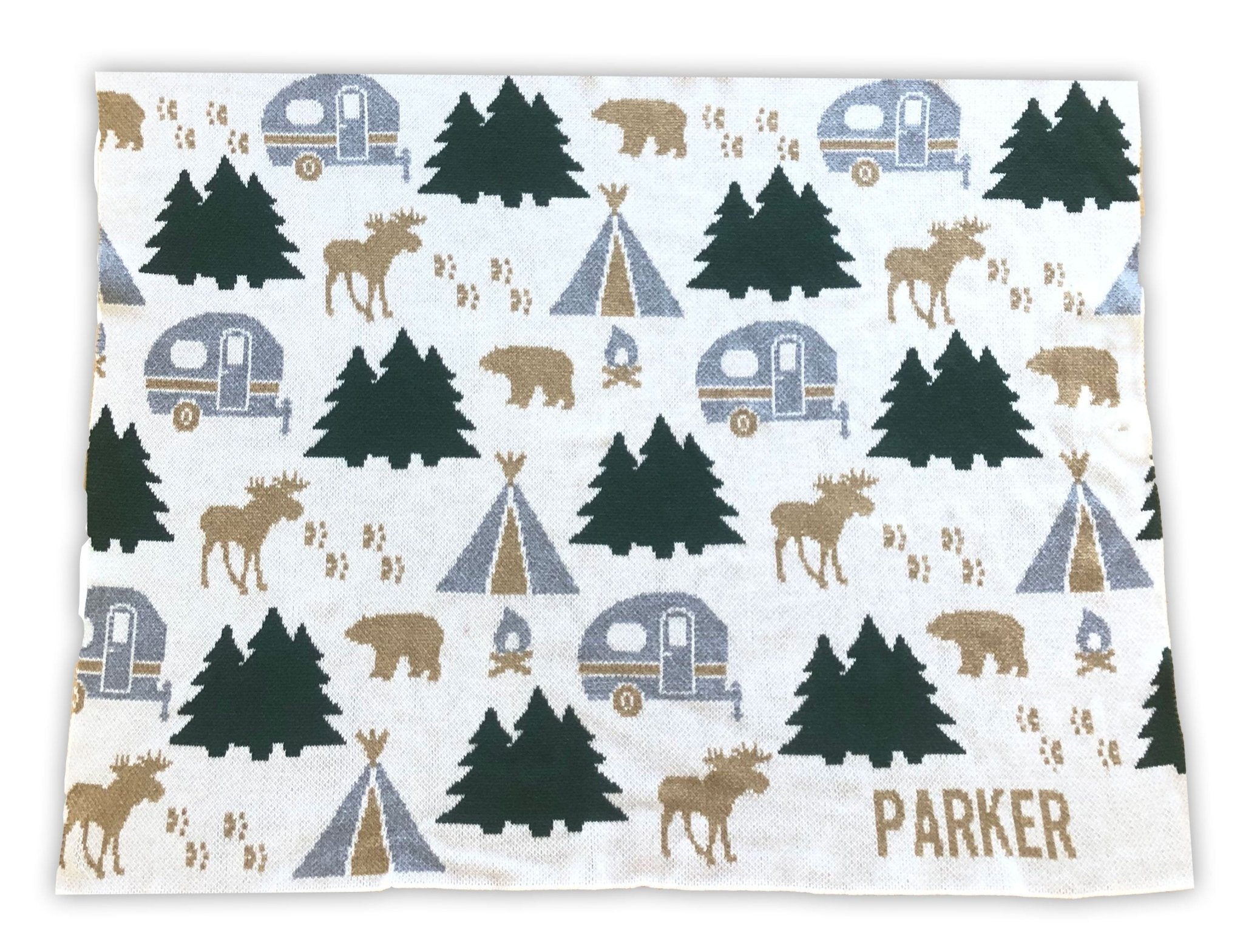 Introducing in2green's Baby Happy Camper Personalized Blanket: featuring patterns of trees, moose, bears, campers, and RVs, with "Parker" elegantly stitched in the corner.