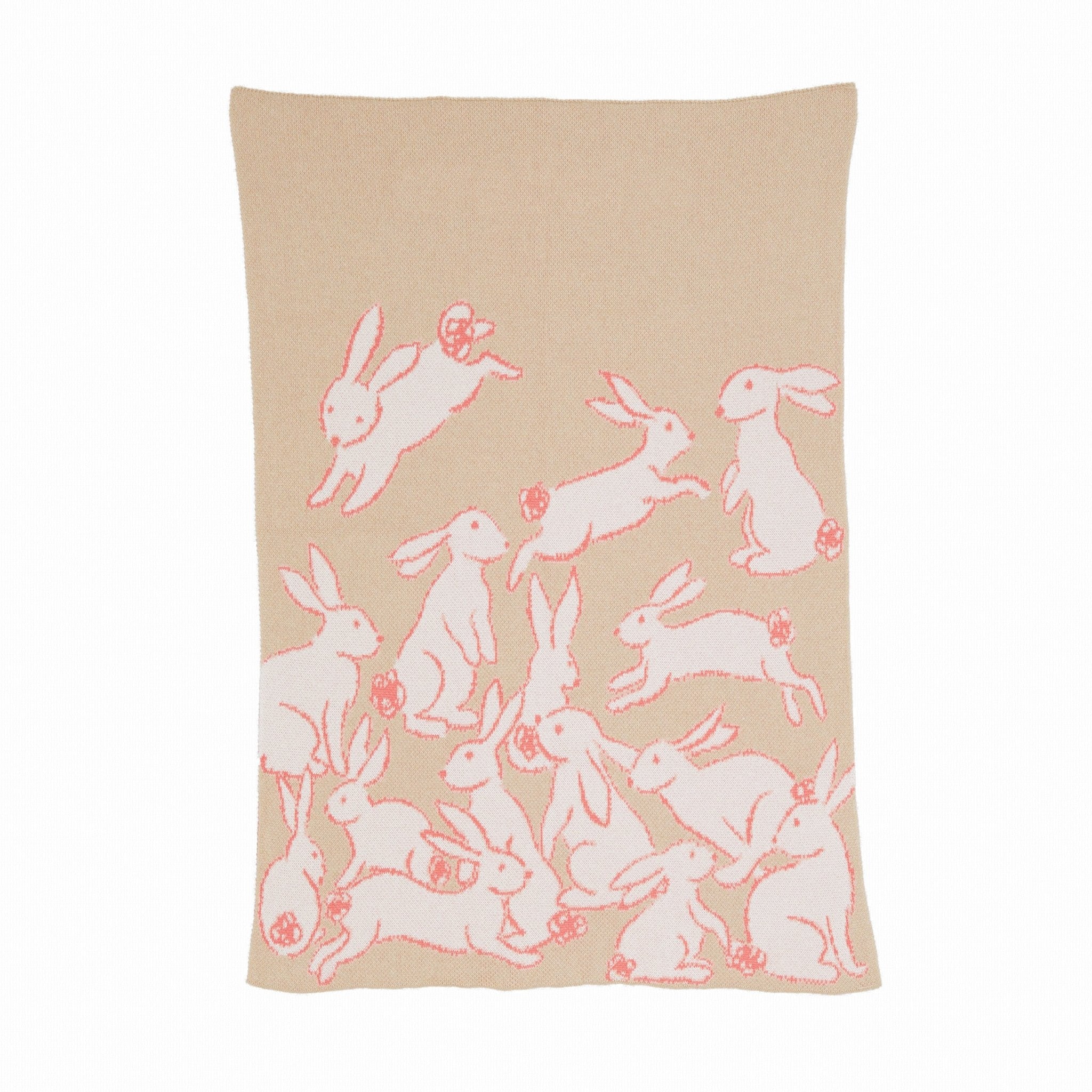 The Baby Rabbits Blanket by in2green is a beige eco throw adorned with a pattern of pink outlined rabbits and small flowers, ideal for gender-neutral decor.