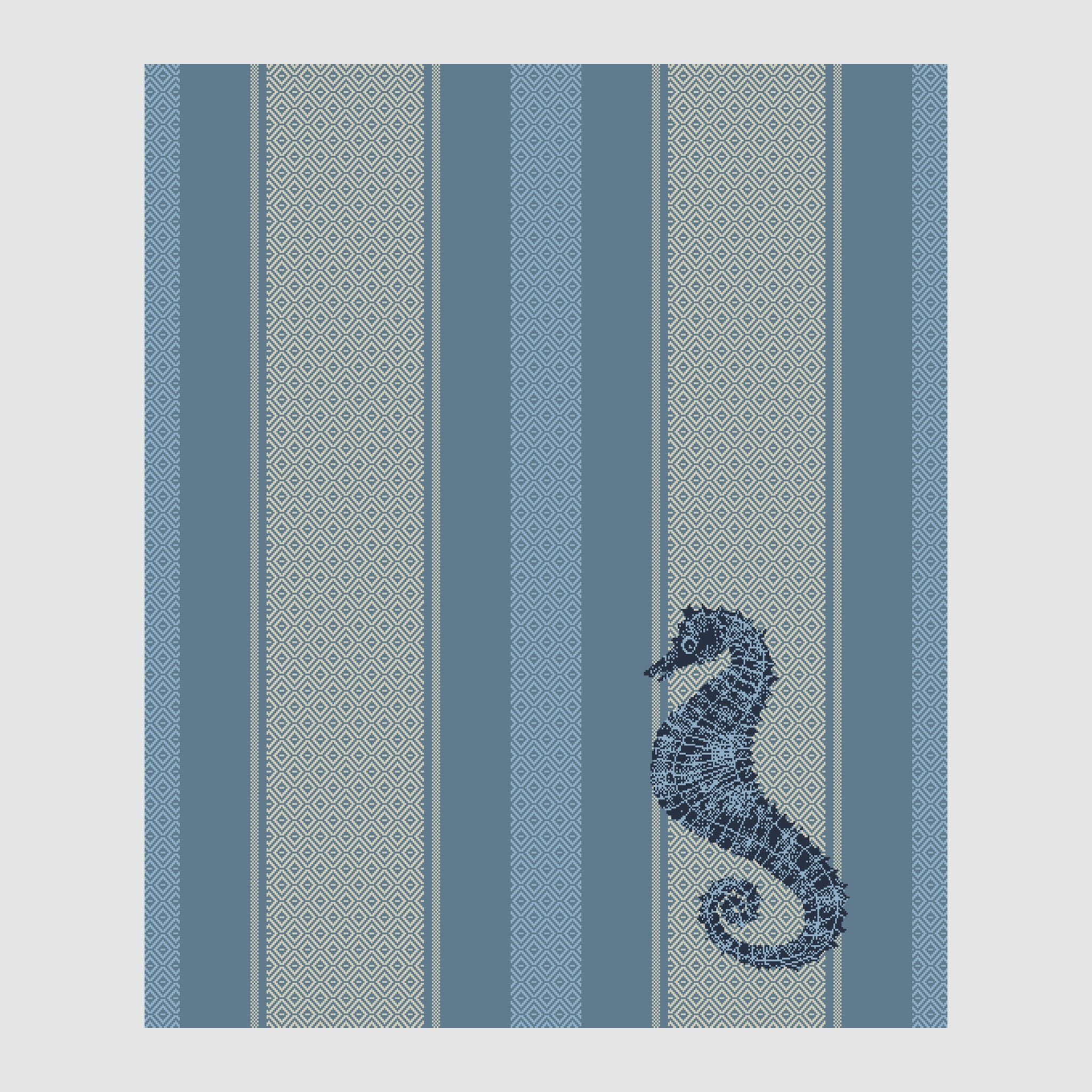 The in2green Seahorse Square Throw Blanket features a blue seahorse on a textured background with alternating light and dark blue vertical stripes, inspired by the Coastal Collection, adding charm to any space.